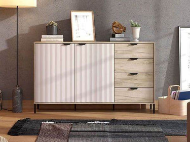 Evandria Grey Oak Effect and Cashmere Slatted Sideboard with Two Doors, Four Drawers - UK Luxury Furniture